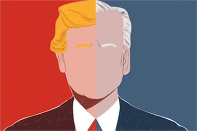 [ai] A split illustration of two figures representing political leaders, with one side in red and the other in blue. The faces are simplified and devoid of detail, focusing on the contrasting colors and styles of the illustrated suits.